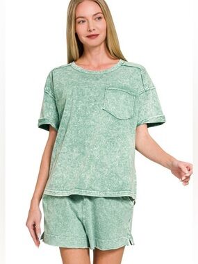 Washed Mint Short Sleeve Pocket Tee - Women's Casual Top